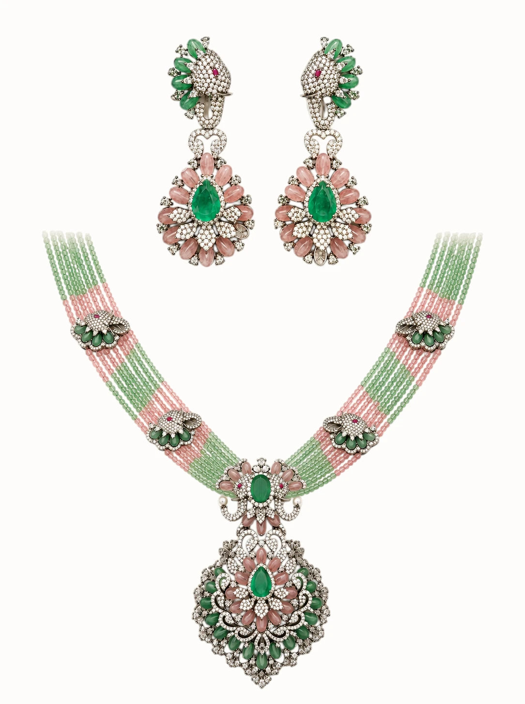 Ornate Emerald and Pink Jewelry Set