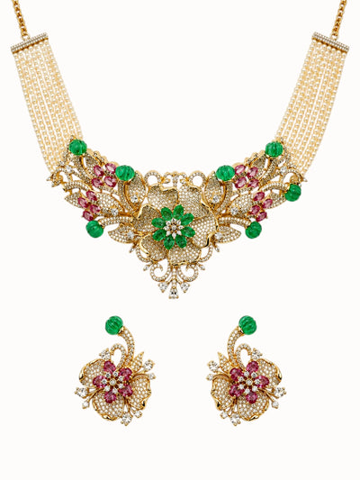 Ornate Emerald and Ruby Pearl Jewelry Set