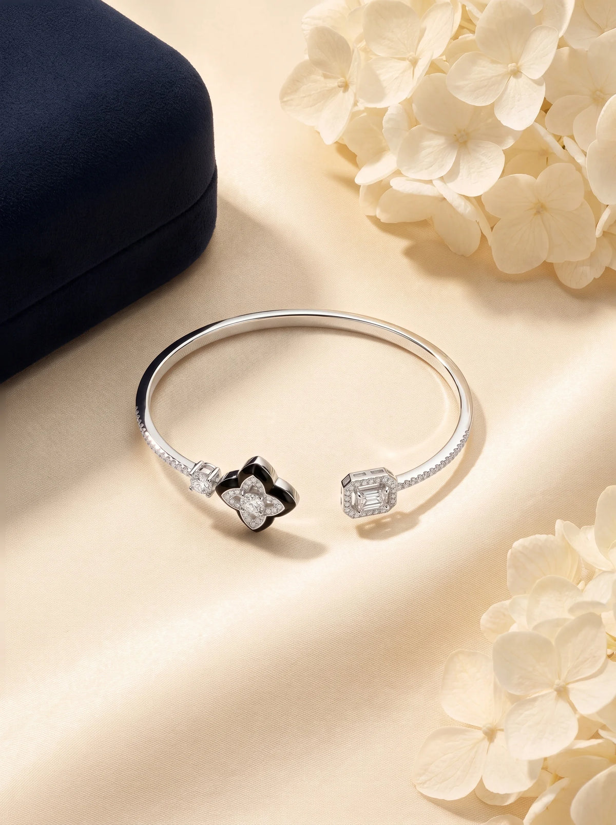 Black & Crystal Floral Cuff Bracelet